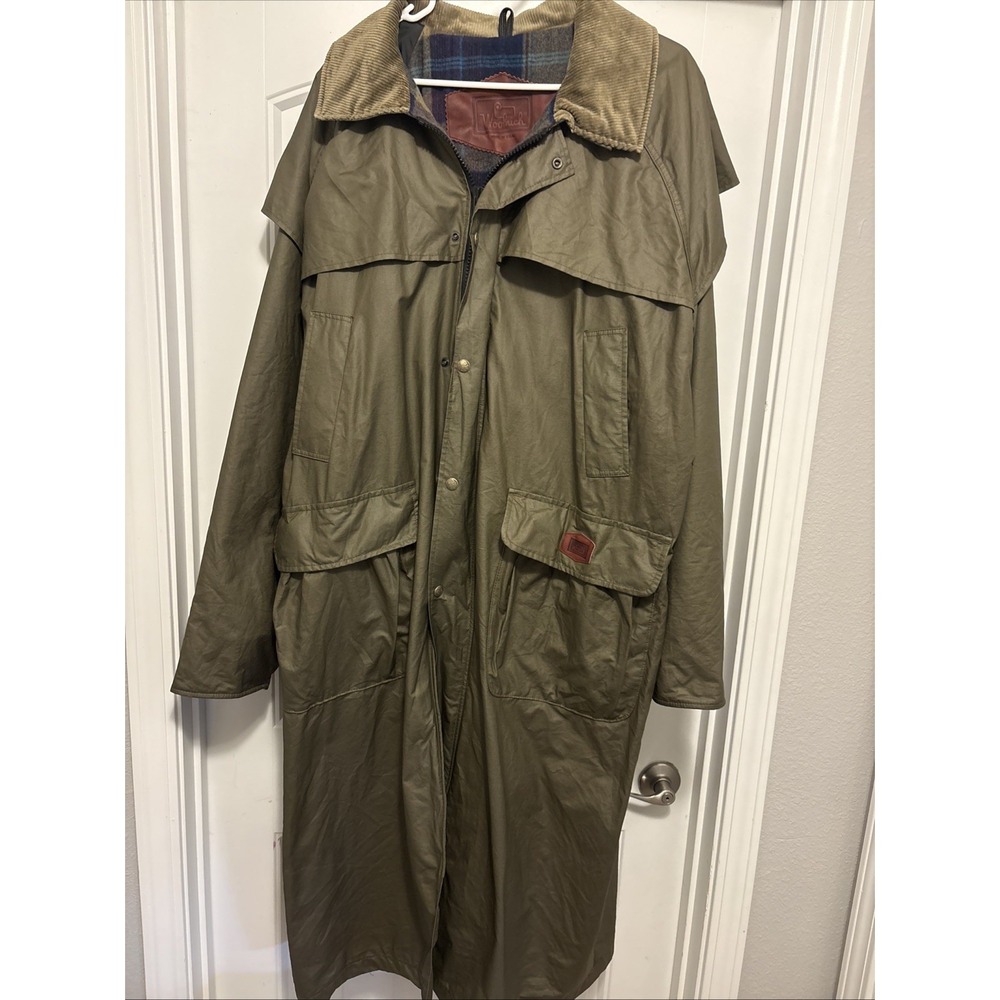 VTG Woolrich Duster Trench Coat Tartan Wool Long Jacket Corduroy Green 2-3XL